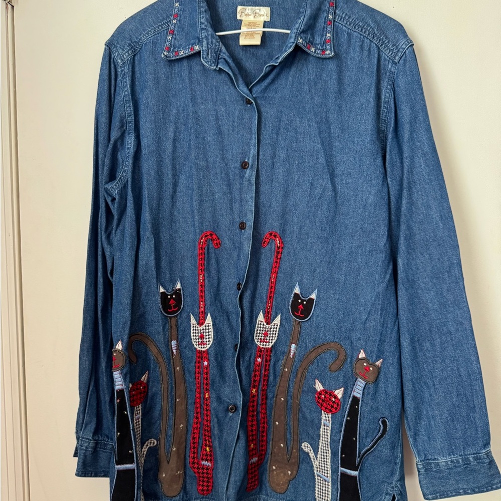 VTG Bobbie Brooks Embroidered Cats Denim Button Up Shirt Womens M